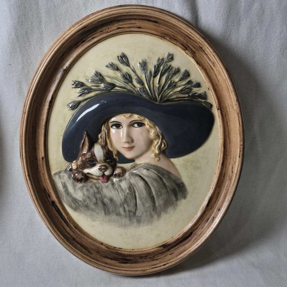 2 Vintage 1975 Art Duncan Round Wall Molds Hand Painted Lady Dog Ceramics Signed